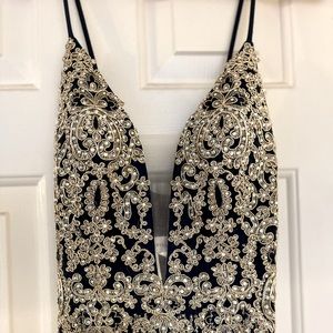 Glittering Navy and Gold rhinestoned Evening Gown